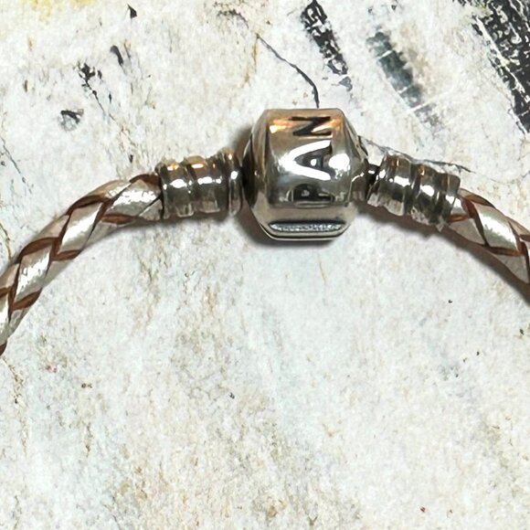 Pandora Sterling Silver Braided Leather Bracelet With Floral Pink Enamel Charm - Picture 14 of 16
